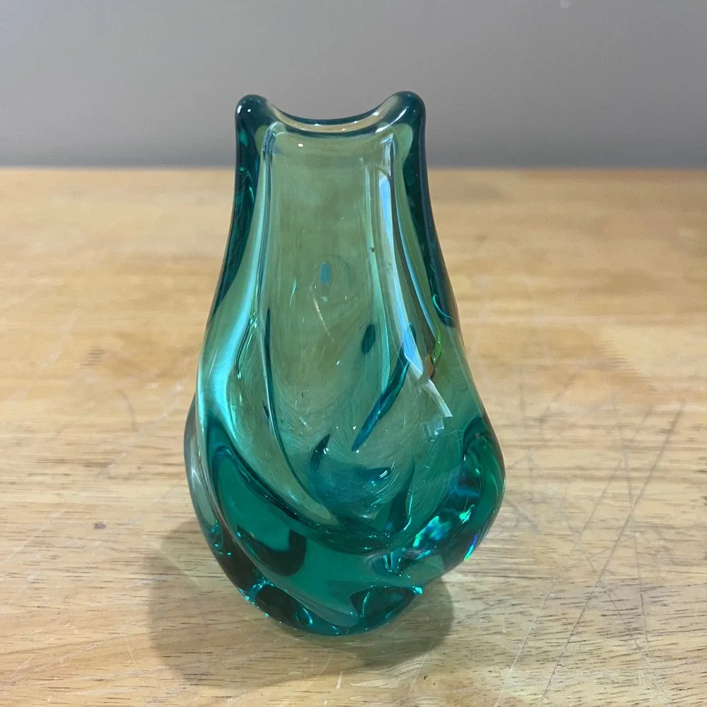 Vtg‎ Miloslav Klinger ZBS Green Art Glass Vase Mid Century Modern Czech 4.75